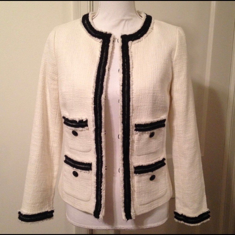 Talbots Tweed Contrast Piped Ivory Blazer